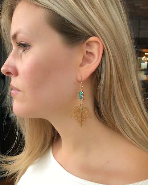 Abalone Leaf Earrings strung from 16k gold ear wires