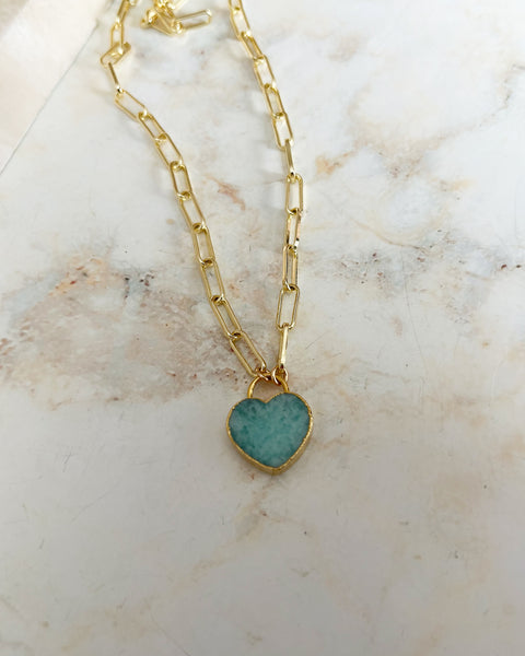 Natural Amazonite Heart Paperclip Chain Necklace