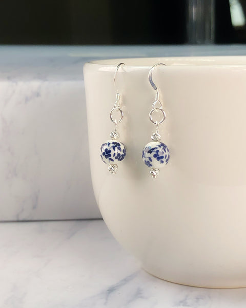 Blue Floral Porcelain Earrings