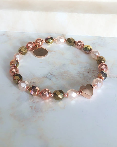 Heart Beaded Bracelet in Pink and Rose Gold