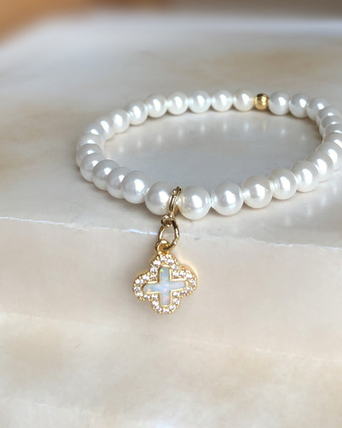 Pearl Bracelet with Opal Cross in Gold