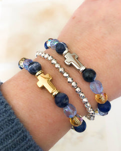 Blue and Yellow Gemstone Cross Bracelet in Silver or Gold