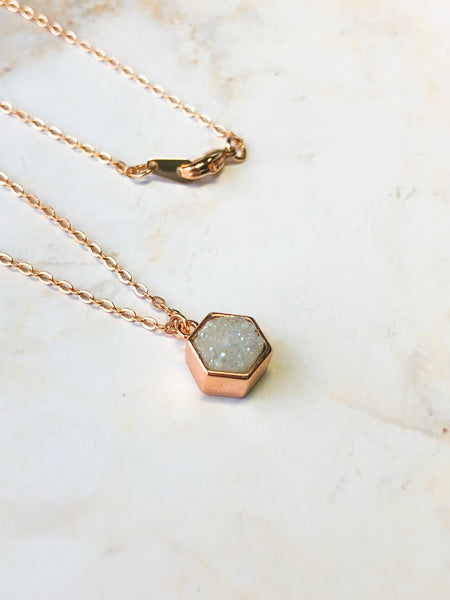 Rose Gold and White Druzy Necklace