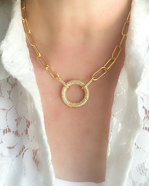 Gold Pave' Circle Necklace on MADELINE Chain