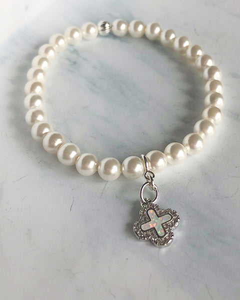 Pearl Bracelet with Opal Cross in Silver