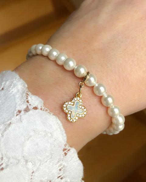 Pearl Bracelet with Opal Cross in Gold