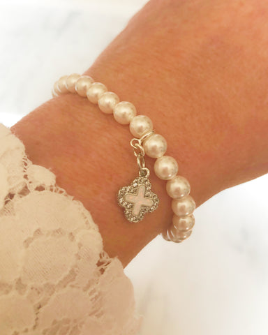 Pearl Bracelet with Opal Cross in Silver
