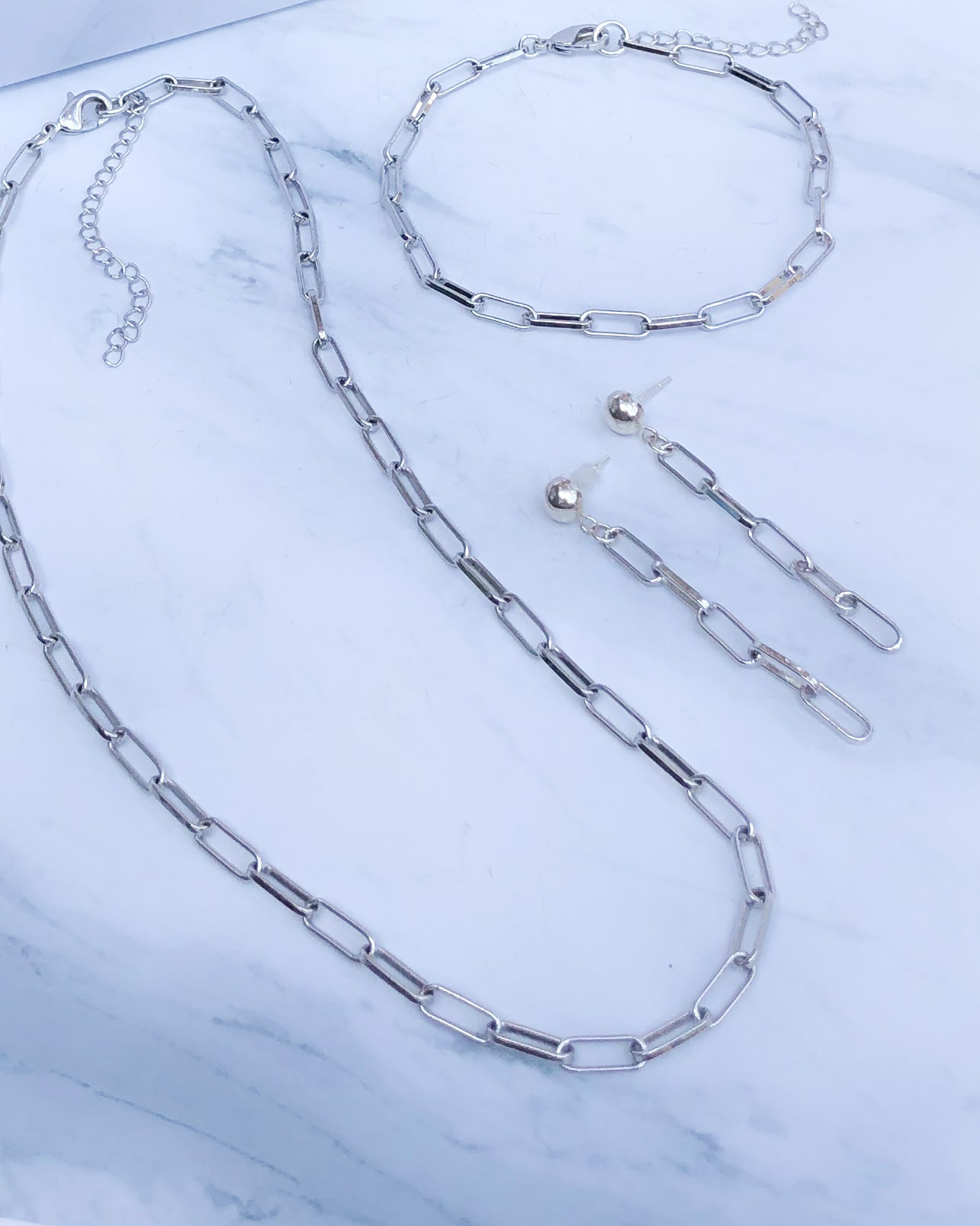 Paperclip Necklace Set in White Gold Filled Chain. Set Includes Necklace, Bracelet, and Earrings