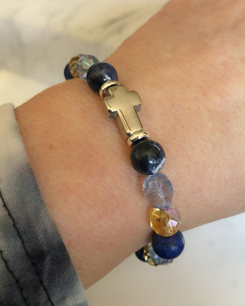 Blue and Yellow Gemstone Cross Bracelet in Silver or Gold