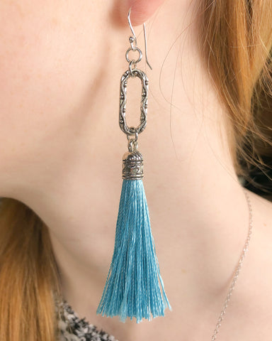 Aqua Blue Tassel Earrings on Sterling Silver Wires